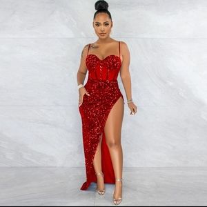 Zachics deep slit sequin asymmetrical spaghetti see-through gown